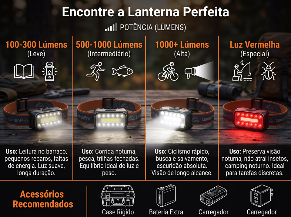 Guia comparativo da potência em lúmens da lanterna LumenPro e acessórios recomendados