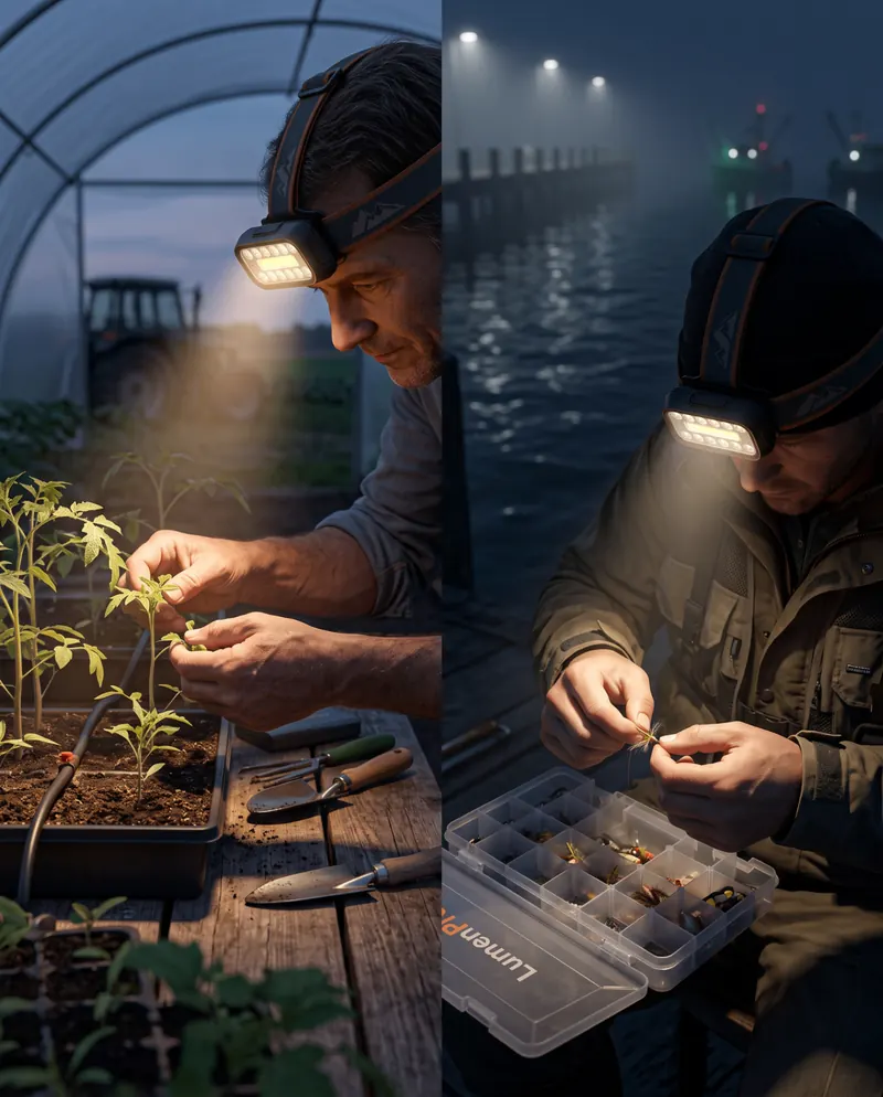 Produtor na estufa ao amanhecer e pescador a preparar iscos no cais à noite com a Lumen Pro
