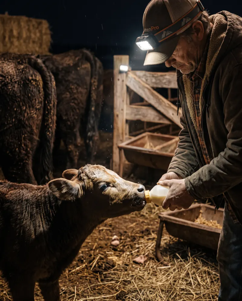 Agricultor a alimentar um vitelo de noite no estábulo com a Lumen Pro no boné