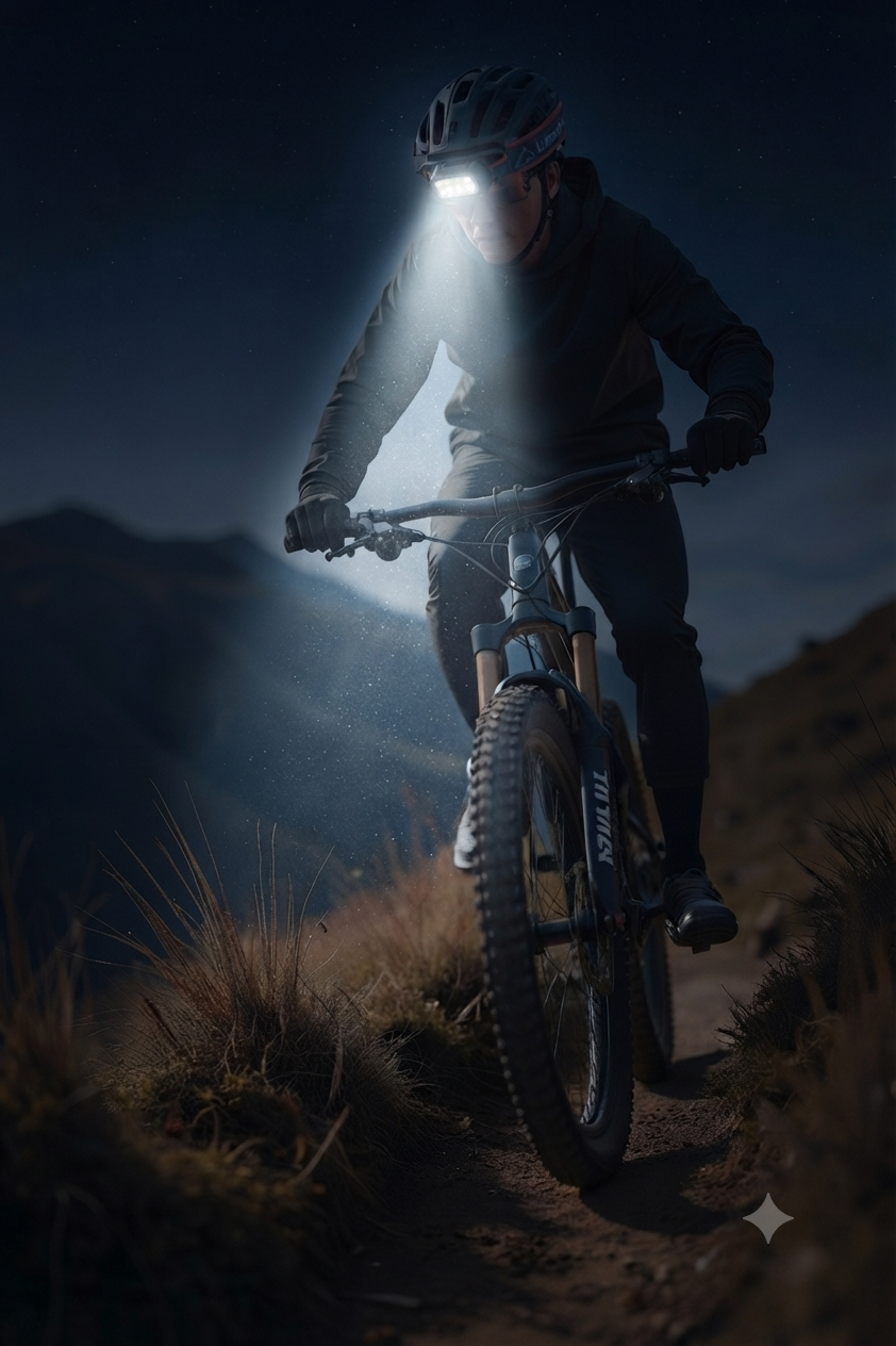 Ciclista noturno em trilho de montanha com a lanterna frontal LumenPro à chuva