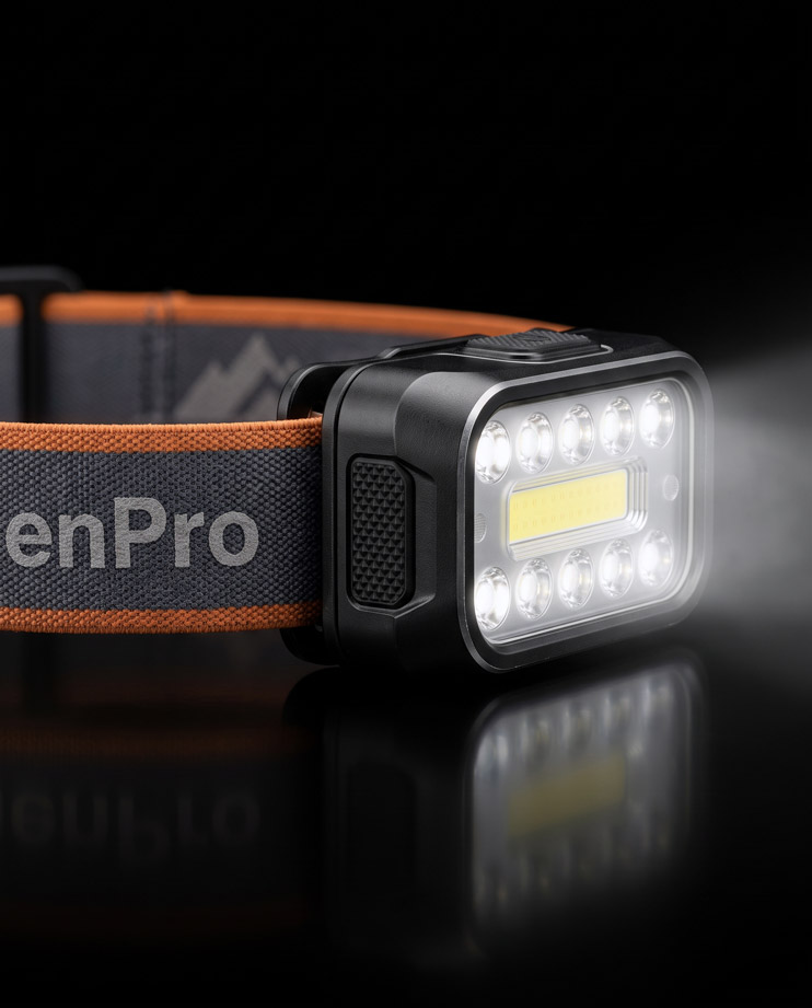 Lanterna Lumen Pro acesa a projetar feixe branco intenso de 350 lúmens